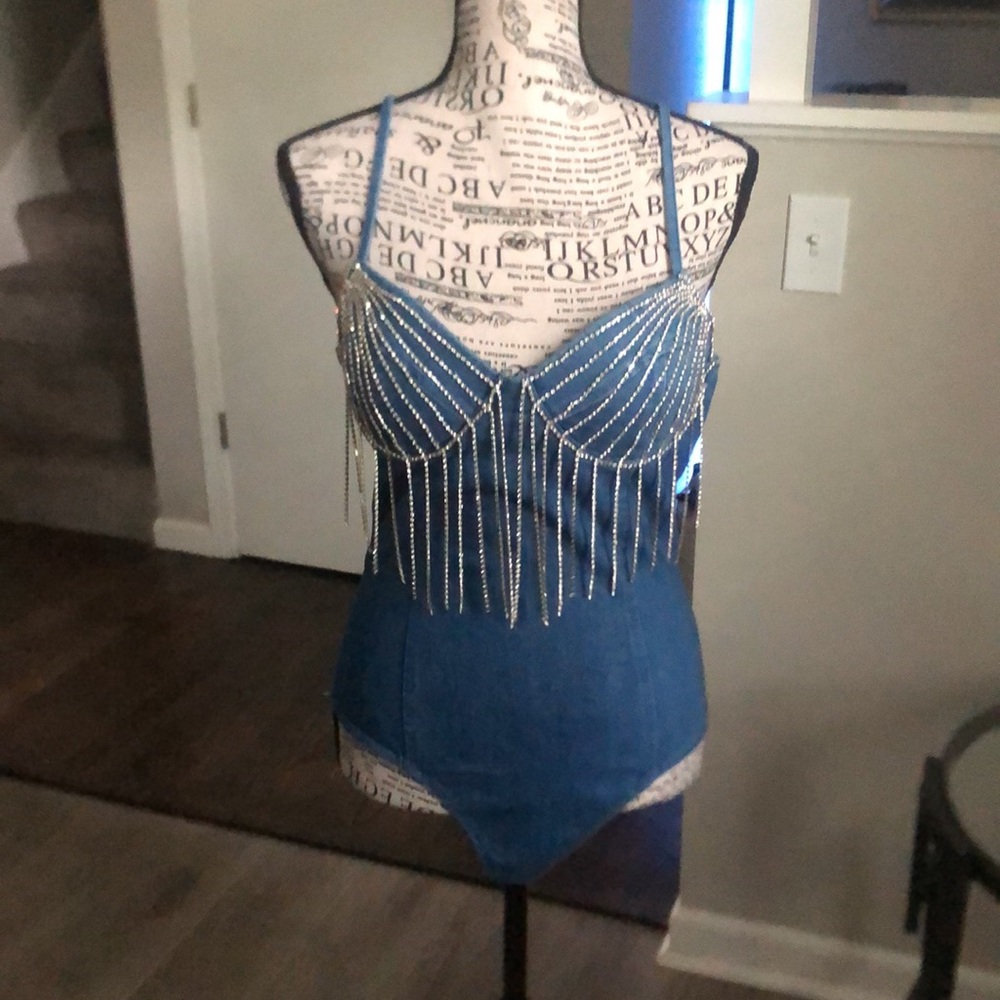 Blāshe Blue Denim Bodysuit w/Rhinestone Detailing Size Small
